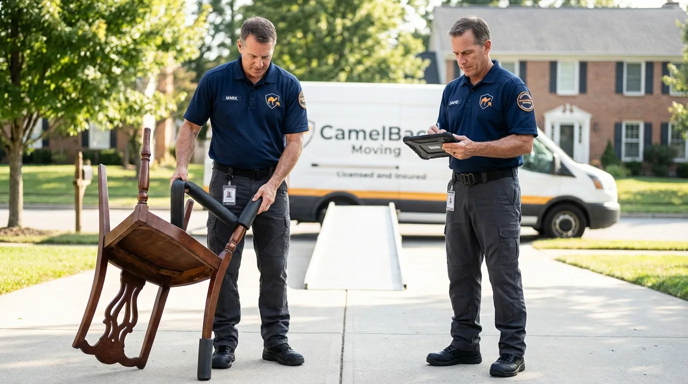 Movers inspecting furniture for damage prevention before loading in Carrollton, MO
